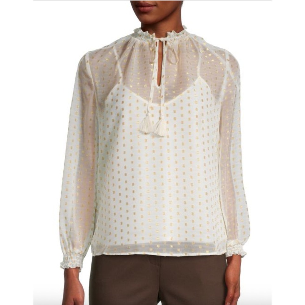 Nanette Lepore Top Swiss Dot Tassel Tie White Gold Sheer Ruffle Smocked Boho M